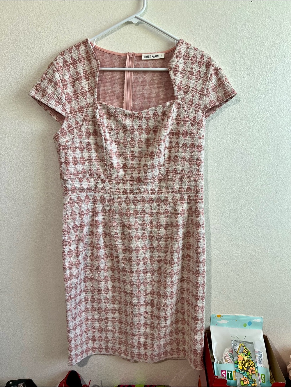 Grace Karin Pink and White Tweed Midi Dress